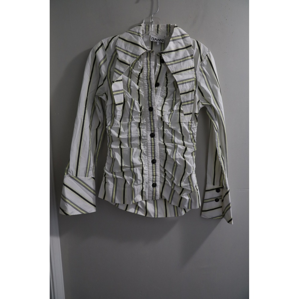 Ganni Striped Ruched Organic Cotton Poplin Shirt White Black Size EU 36 US Small